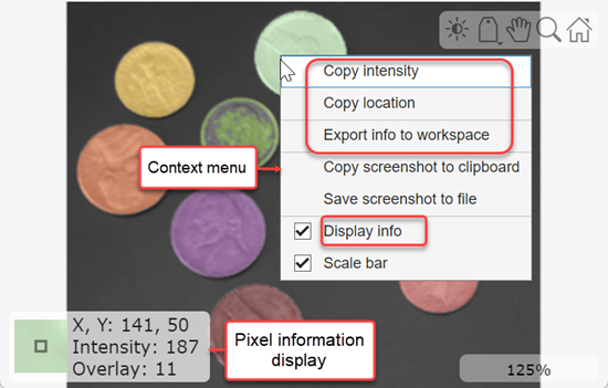 The imageshow viewer window, showing the pixel information display with a zoomed in view of the pixel beneath the mouse cursor, and context menu options
