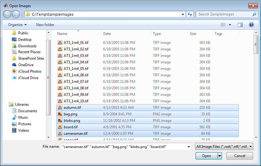 Open Images dialog box with five files selected.