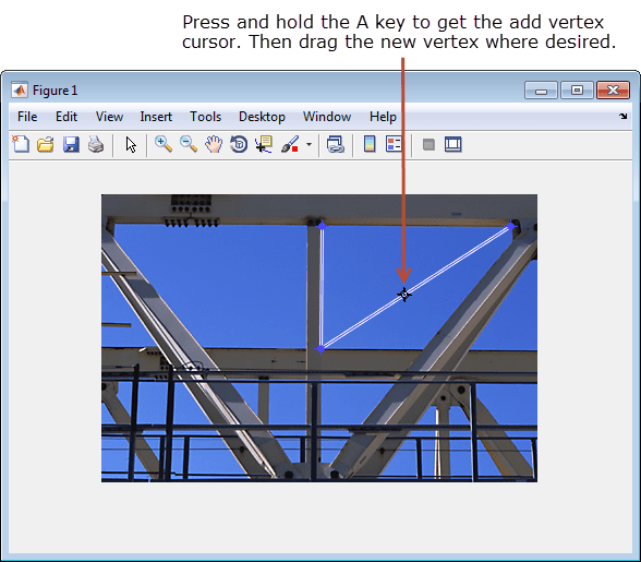 Image of crane trusses with a partially drawn polygon. Press and hold the A key to enable the add vertex cursor.