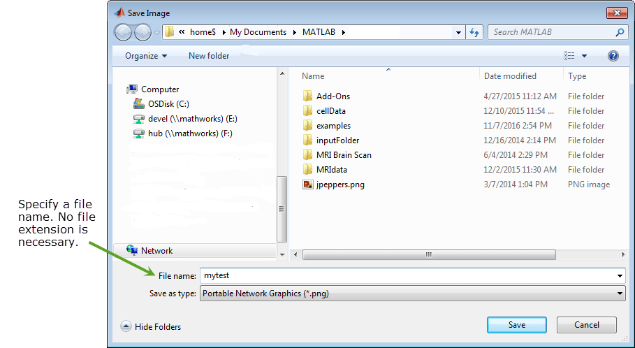 File name menu within the Save Image dialog box. A sample filename "mytest" is entered without a file extension.