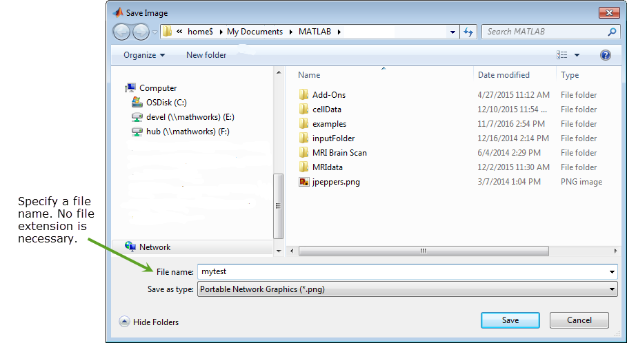 File name menu within the Save Image dialog box. A sample filename "mytest" is entered without a file extension.