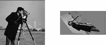 Original square image on the left, and transformed image on the right. The transformed image is rotated and appears to tilt out of the plane, and background pixels are gray.