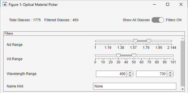 Section of the UI interface of the Optical Material Picker for filtering glass materials.