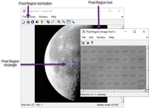 Pixel Region tool displays the numeric pixel value over each pixel in a magnified region. A corresponding rectangle encloses the same region of pixels in the original image figure.
