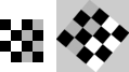 Original and transformed checkerboard image. The transformed image appears rotated 45 degrees counter-clockwise and reflected along its vertical axis.