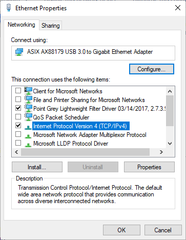 Ethernet Properties window with TCP/IPv4 selected in Networking tab