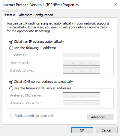 TCP/IPv4 Properties window