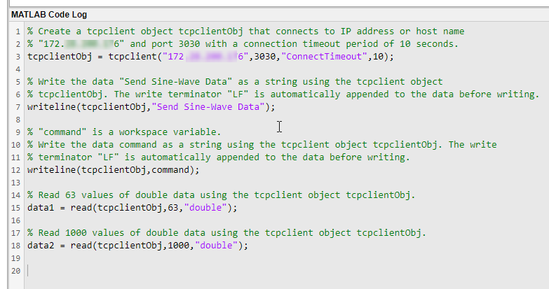 TCP/IP Explorer app MATLAB Code Log pane.