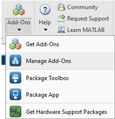 Add-Ons drop-down, with Manage Add-Ons selected.