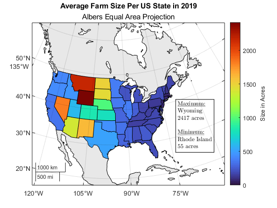 Map axes showing average farm size per US state in 2019. The map uses an Albers equal area projection.