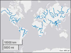World map with rivers in blue