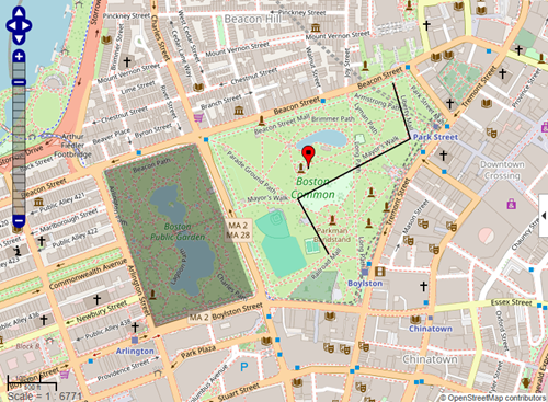 Web map with a polygon, line, and marker plotted over an OpenStreetMap basemap
