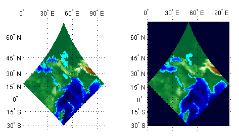 Two maps created from the same data set. The map on the left shows the original geolocated data array. The map on the right shows the same data, converted to a regular data grid.