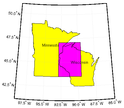 Map of Minnesota and Wisconsin. A magenta box shows the intersection of the bounding boxes.