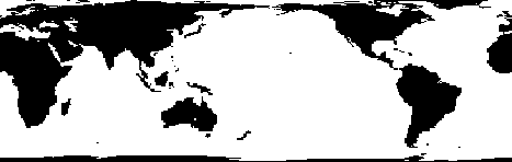 World map with areas above sea level in black and areas below sea level in white