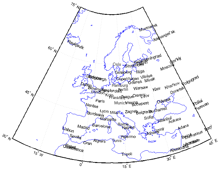 A map of Europe showing the names of cities. Several of the names overlap.
