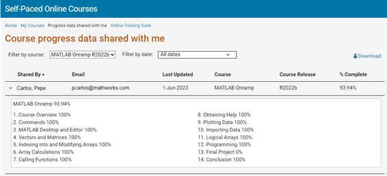 Example of viewing a learner's shared progress in MATLAB Onramp R2022b using percentage complete