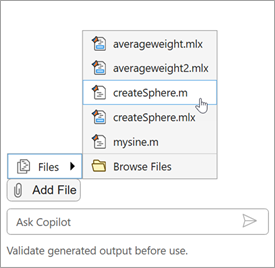 Copilot Chat panel, showing the Add File button pressed and a file from the current folder selected