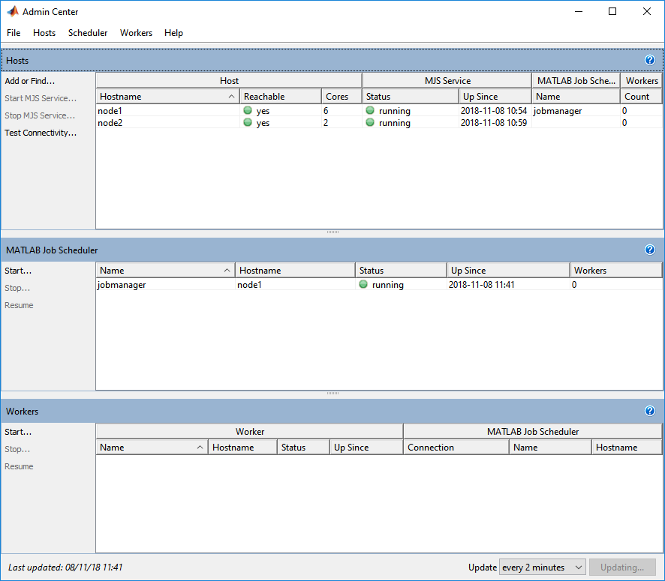 MATLAB Job Scheduler panel of Admin Center with a list of job managers