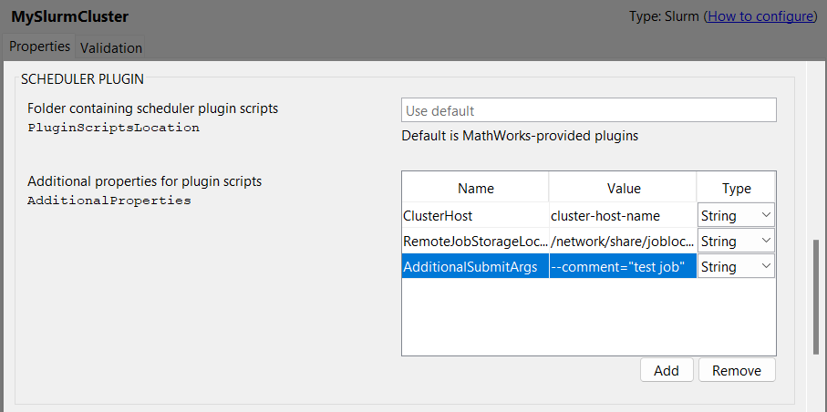 Cluster Profile Manager with the Slurm profile selected. The properties for the cluster are shown in the right panel. The Additional Properties entry is being edited.