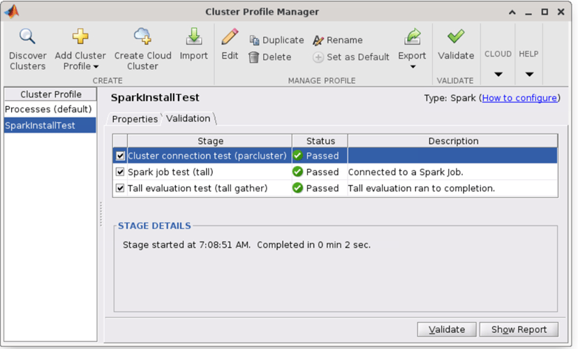 Cluster Profile Manager with the SparkInstallTest profile selected. The validation results for the Spark cluster are shown in the right pane.