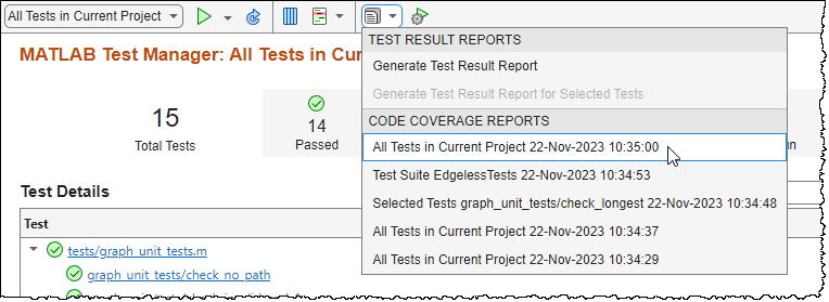 The mouse points to the code coverage reports section of the MATLAB Test Manager, which lists five coverage reports.