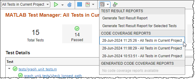 The mouse points to the code coverage reports section of the MATLAB Test Manager, which lists five coverage reports.