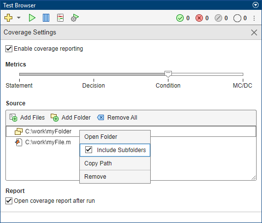Coverage settings section, including the condition coverage metric level and the paths to a source file and a source folder