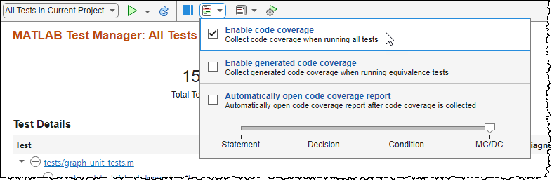 Enable Coverage is selected in the MATLAB Test Manager.