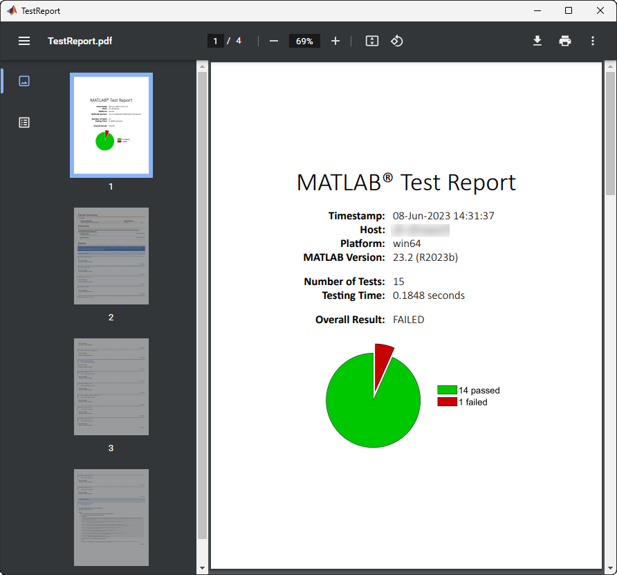 The cover page of the MATLAB Test Report shows a pie chart that indicates the project has 14 passed tests and 1 failed test.