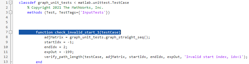 A function declaration line for a test is selected in the MATLAB editor.