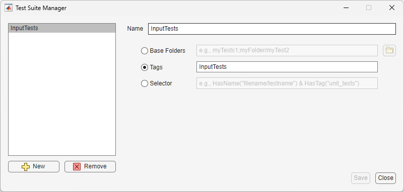 The Test Suite Manager shows a test suite called InputTests that is created from tests that have the InputTests tag.