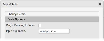 App Details dialog box. An edit field for specifying input arguments to the startupFcn callback contains the variable names "caller", "sz", and "c".