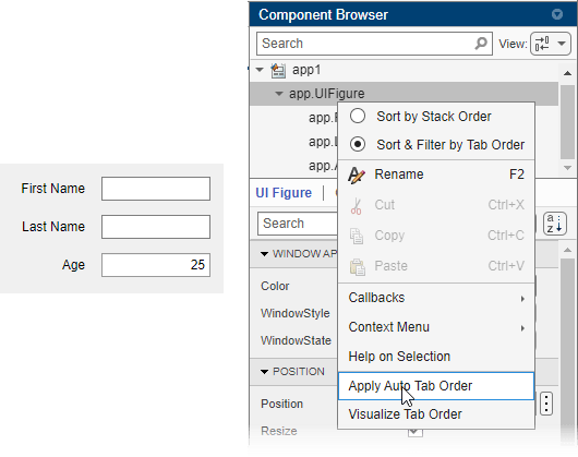 App layout with three edit fields next to the Component Browser. The app.UIFigure node has a context menu with the Apply Auto Tab Order option highlighted.