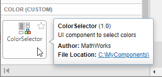 App Designer Component Library with the ColorSelector UI component displayed under the category "Color (Custom)". The mouse cursor is pointing to the component, which displays a message with the component name, version, description, author, and file location.