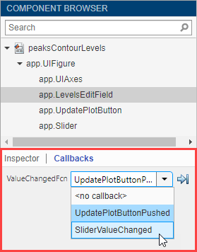 Callbacks tab for an edit field component in the Component Browser. The ValueChangedFcn drop-down list is expanded, and two existing callback functions are listed.