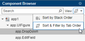 Component browser with the "View" drop-down list expanded. The two options are "Sort by Stack Order" and "Sort & Filter by Tab Order".