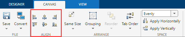 Canvas toolstrip tab in Design View with the Align options highlighted. There are options to align components vertically along their left edges, centers, or right edges, and options to align components horizontally along their top edges, centers, or bottom edges.