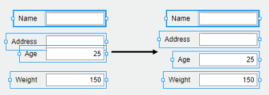 Spacing four edit field components. On the left, the vertical spacing between the edit fields differs. On the right, the edit fields are evenly spaced vertically.