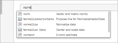Live script with a code line containing the text "norm" and a list of suggestions including the Normalize Vector Data task