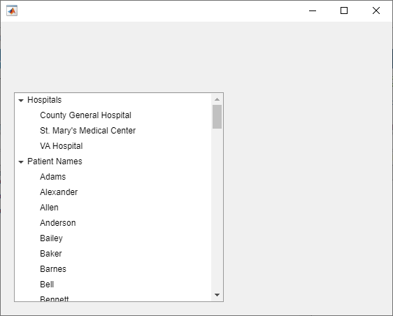 UI figure window with a tree UI component. There are two expanded top-level nodes: "Hospitals" and "Patient Names". Each top-level node has children listing the relevant names.