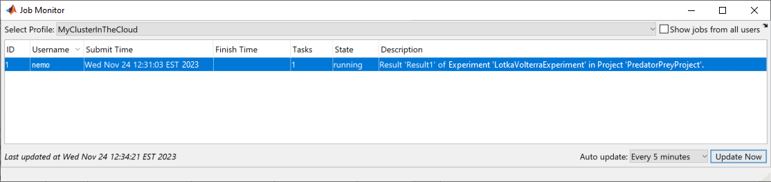 Job Monitor showing a batch job created with Experiment Manager.