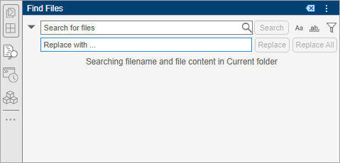 Find Files tool with a search box, a replace box, and options to match the case of the search text, match the whole word, and filter results. The left sidebar of the MATLAB Online desktop shows the Find Files icon.