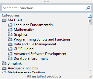 Function browser showing a list of categories for each product