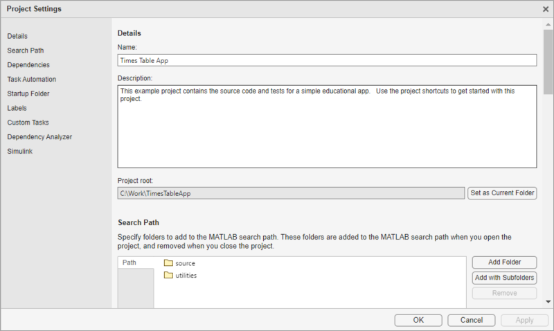 Project Settings window for the Times Table App project showing the project name, description, root, and search path