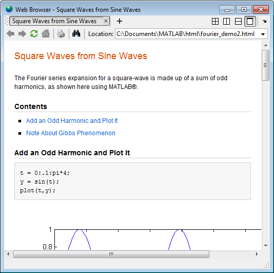 MATLAB web browser with the fourier_demo2.html file open