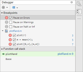 Debugger panel showing a Breakpoints section and a Function call stack section. The Breakpoints section shows Pause on Errors selected, as well as three enabled breakpoints in the plotRand.m file. The Function call stack section shows that the debugger is paused at line 9 of plotRand.m. The Debugger icon is visible in the sidebar.