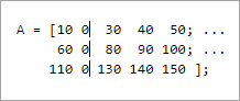3 by 5 matrix A with all of the values in the second column replaced with zeros