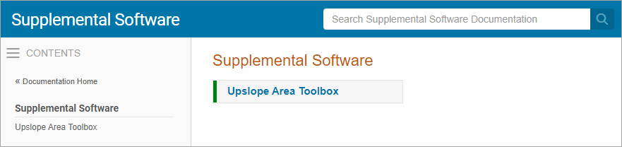 Mathworks documentation showing the Supplemental Software section and a link to the Upslope Area Toolbox documentation