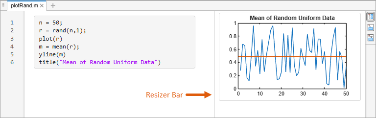 plotRand live script with output to the right of the code. The vertical resizer bar appears between the live script code and its output.